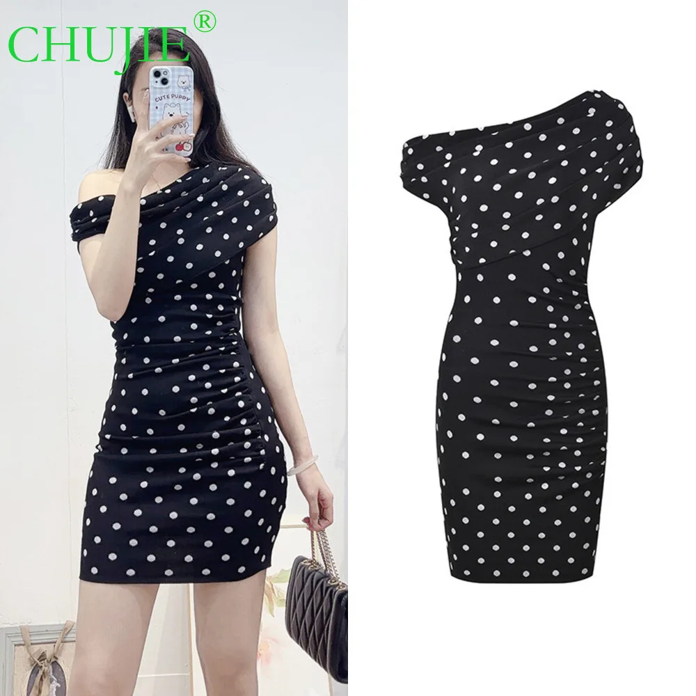 

CHUJIE 2026 Spring Summer New Design Polka Dot Asymmetrical Neck Elegant Fashion Slim Fit Niche Knited Short Dress