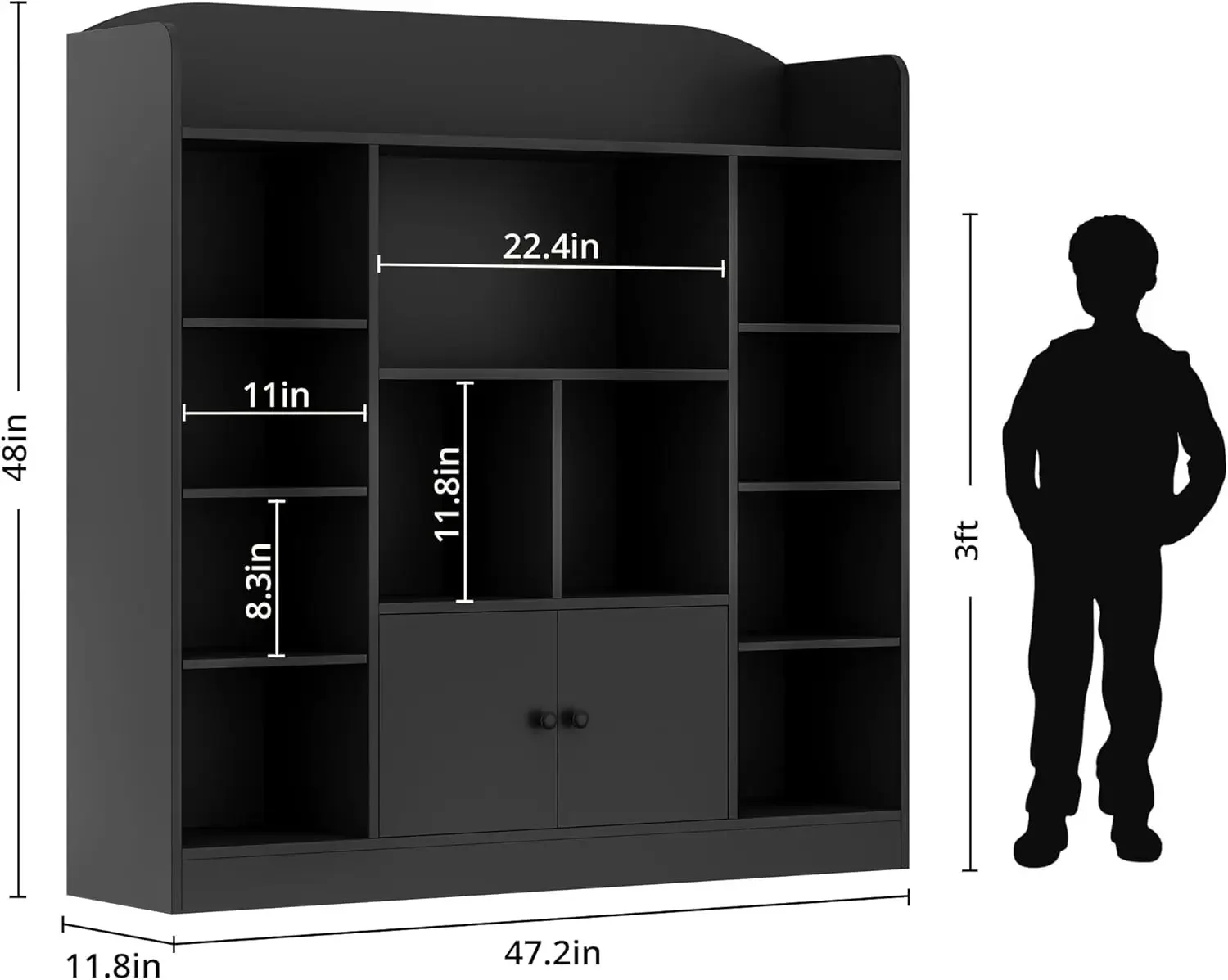 Black Kids Bookshelf, Display Bookcase with 11 and 2 Cabinets, Freestanding Book Storage Shelves for Bedroom, Playroom, Hallway