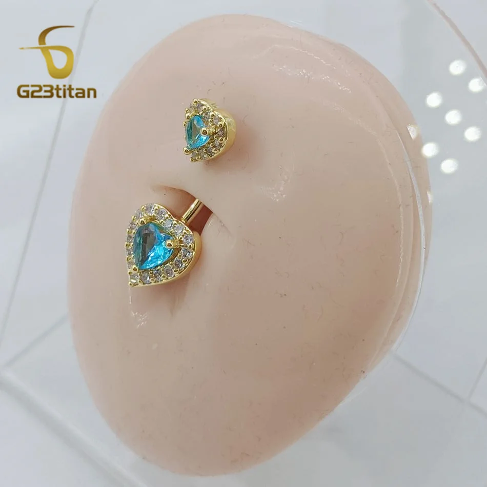 14G 6-16mm Titanium Curved Barbell Anti Allergic Belly Button Ring Lake Blue Zircon Heart Golden Navel Piercing Body Jewelry