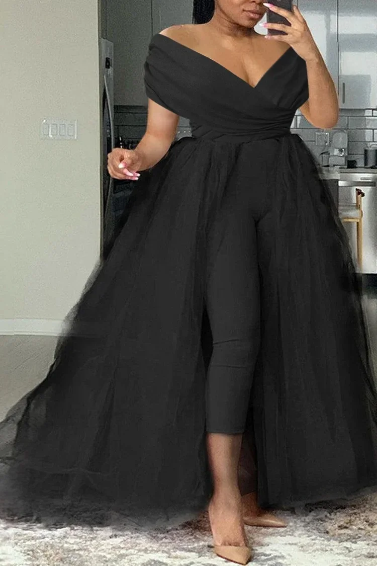 Plus Size Formal Casual One Piece Outfit Pink Solid Off The Shoulder V Neck Tulle Jumpsuit ELegant (With Tulle Skirts)