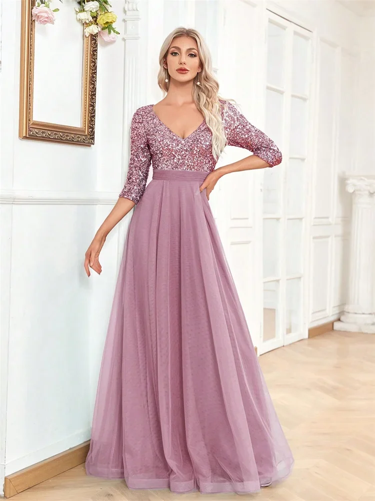 Luxury Sequin V-Neck Evening Dress Women Elegant Tulle Party Maxi Dress Short Sleeves Prom Floor Length Graduation Cocktail Gown