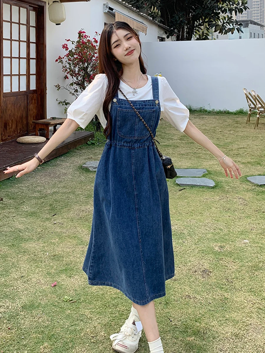 Vestido acão Jeans Estilo Coreano Verão 2026 F, Vestido ter Estilo Colegial atura, Saia Casual de Cintura Al...