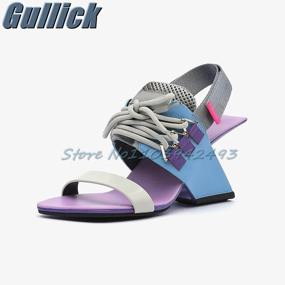 

Gladiator Patchwork Heeled Sandals Open Toe Heels Roman Strange Style Women Sport Shoes Hook Lace Up Summer Sandalias De Mujer