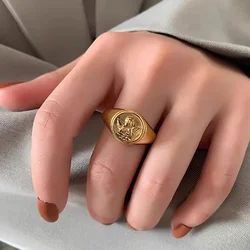Angle Cupid Ring for Men Women Round Seal Gold Color Stainless Steel Ring Vintage Charm Wedding Engagement Jewelry