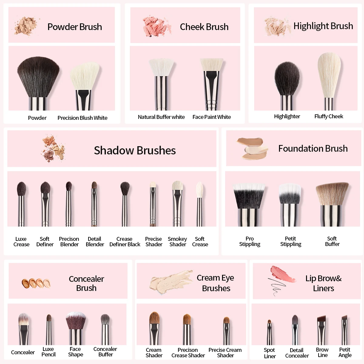 OVW Makeup Brush Set Cosmetic Eyelashes Eyebrow Premium Goat HairEye Shadow Blusher Concealer Sculpting Powder Foundation Tool