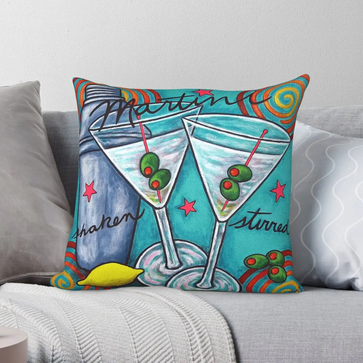 Retro Martini Cocktails Square Pillowcase Polyester Linen Velvet Printed Zip Decor Pillow Case Home Cushion Case