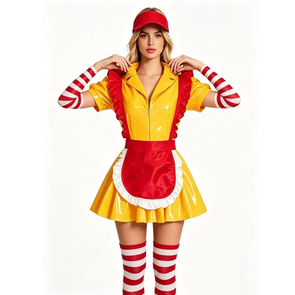 Women's Sexy Leather  Lingerie Maid Uniform Set Waitress Yellow Dress with Red Apron and Hat Halloween Cosplay Costume view 3