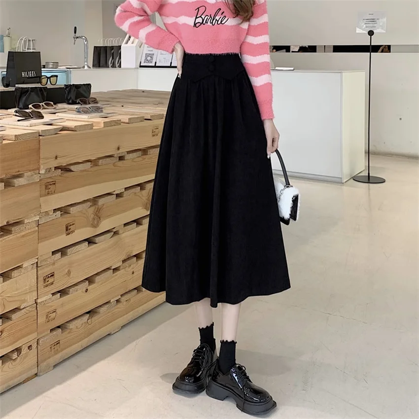 Gowyimmes Autumn Winter Women Corduroy Skirts Slim Lady Midi Long High Waist Pleated Skirt  Girl A-line Bottomings  Retro PD1703