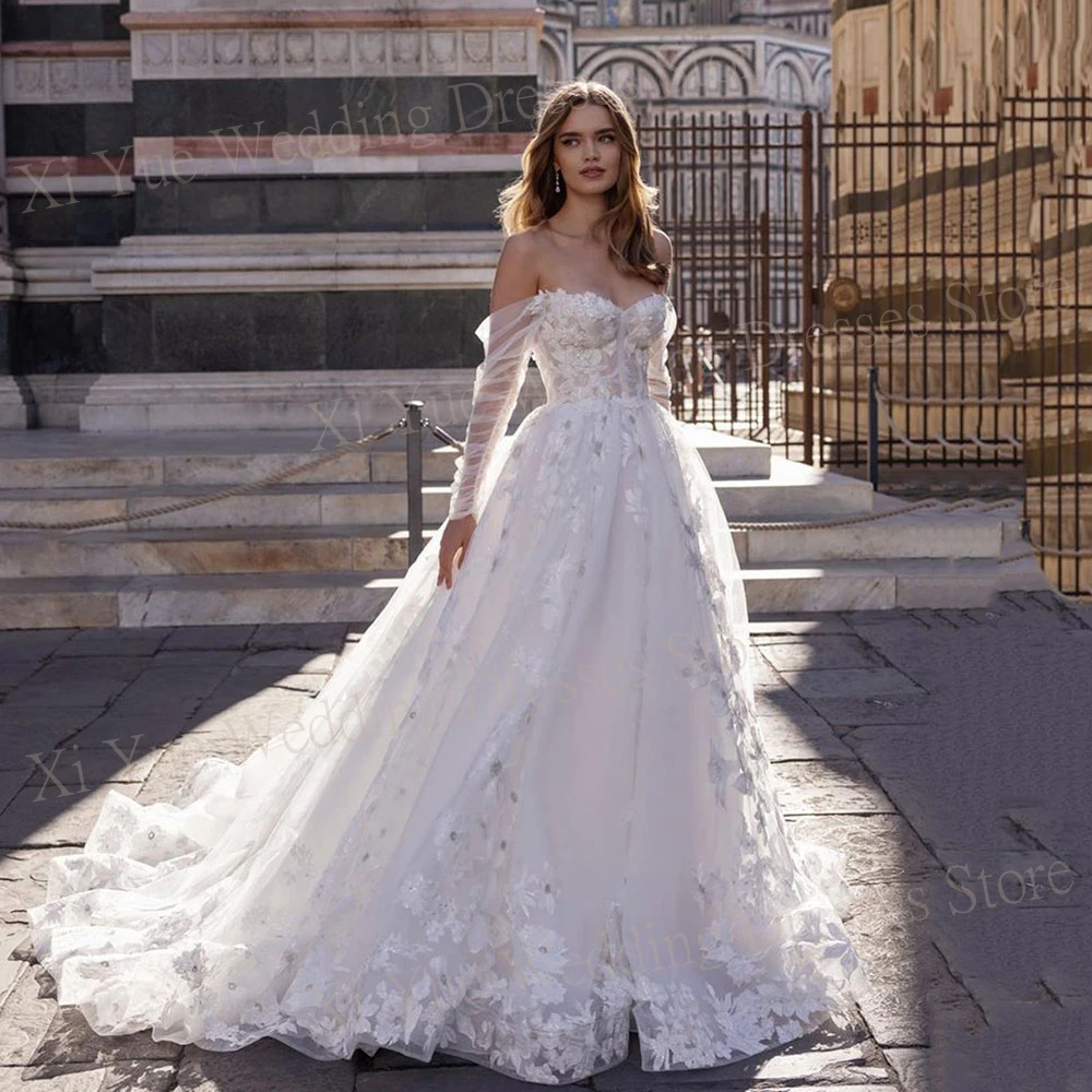 Vestidos de novia bohemios con hombros descubiertos, encantador escote Corazón, línea A, encaje, flores 3D, vestidos de novia, Princesa, hechos A medida, hasta el suelo