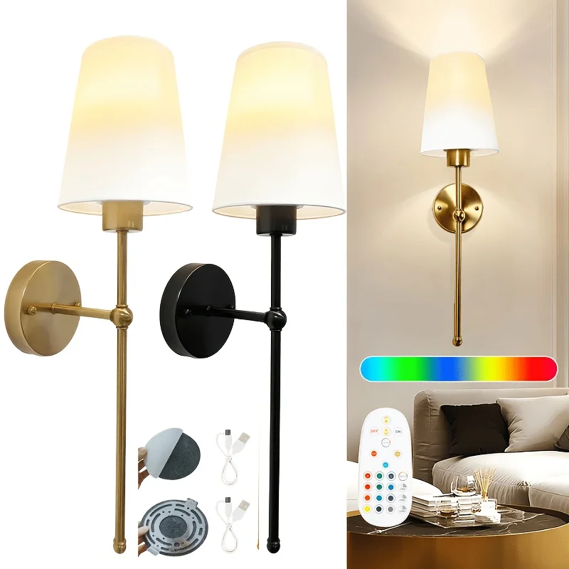 

Battery-powered Wall Lamp Set, Rechargeable Wireless Wall Lamps with 2000mAh Adjustable Bulb And Remote Control, 12 Color Modes Available In Black And Golden Options, Suitable for Bedroom, Living Room, Hallway Decoration