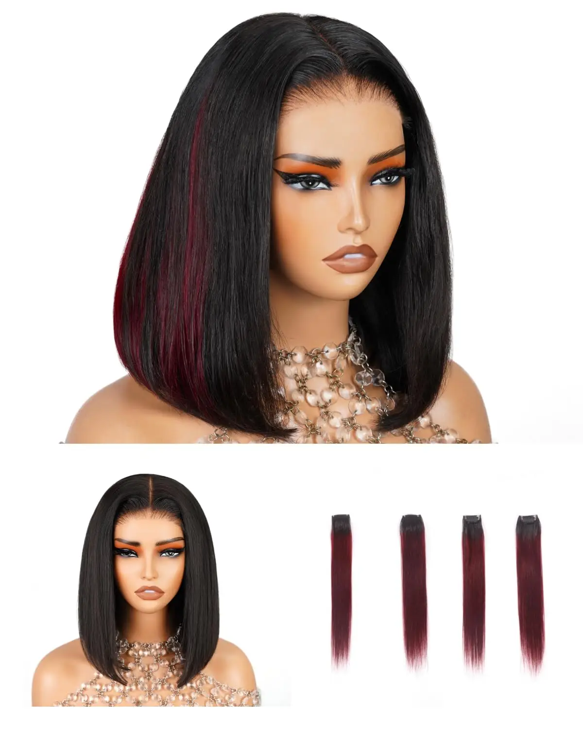 Arabella 12Inch 6X6 Bob Wig Human Hair And 4 Pcs 1B/99J Clip In Hair Extensions Ready To Go Glueless Wig Real 210% Density