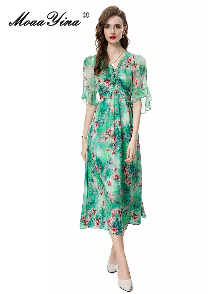 

MoaaYina 2024 Summer High Quality Women Dress Bohemian Floral Print Ruched Nail Bead Ruffles Chiffon V-Neck Flare Sleeve Dresses