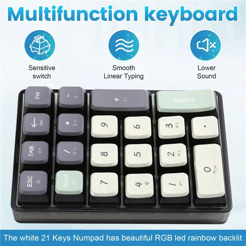 Bluetooth/2.4Ghz/Type-C Connection Keyboard 21-Key RGB Color Keyboard For Hot Swappable With Transparent Keycaps