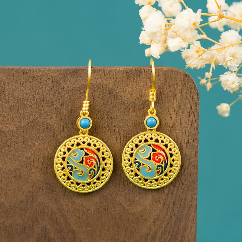 Retro New Forbidden City Filigree Hollow Enamel Earrings Ancient Style Pendant Jewelry Women
