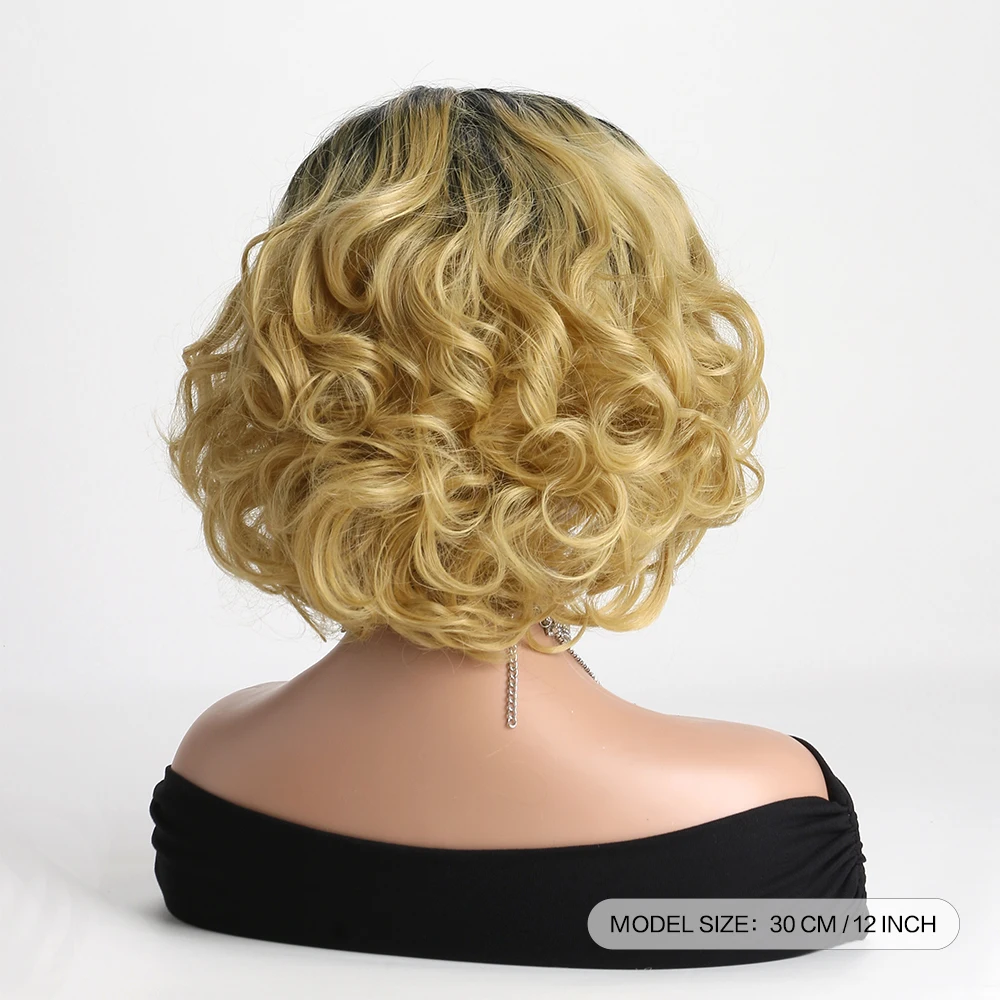 女性用の天然合成かつら,耐熱ヘアピース,短い黒と金のグラデーション,毎日の使用,フェスティバルボール,ハロウィーン,12インチ