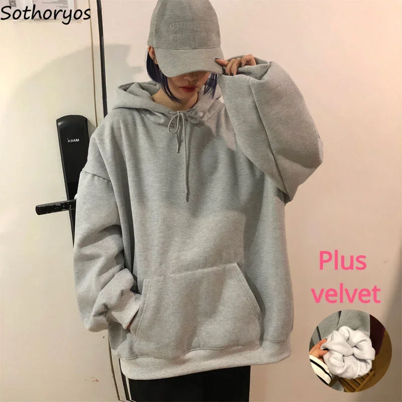 Winter Thickening Hoodies Women Solid Street Couple Harajuku Baggy Warm All-match Hooded Tops Ins Fashion Student BF Outwear