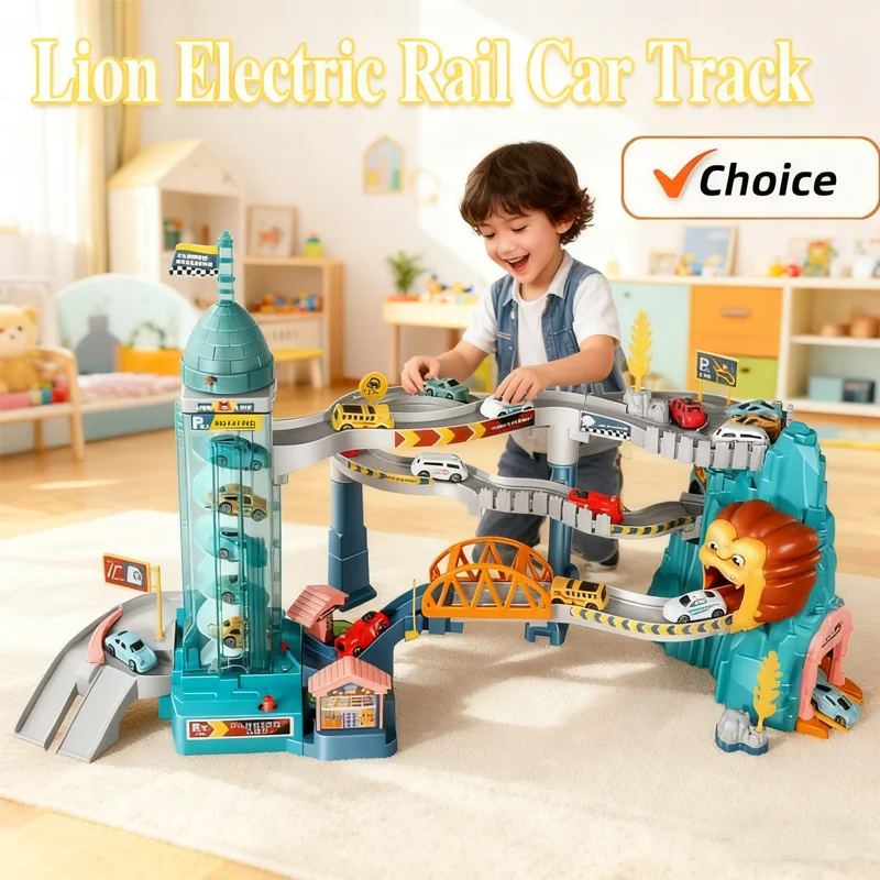 جديد الأسد موضوع سيارة المسار للأطفال مع 4 سيارات Diecasts هدايا عيد ميلاد الاطفال التعليمية التعليمية لعبة سباق السكك الحديدية سيارة