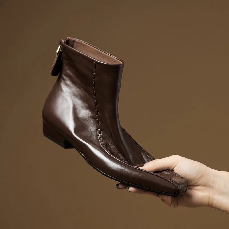 NEW Autumn/Winter Women Boots Genuine Leather Shoes for Women Square Toe Chunky Heel Shoes Zipper Ankle Boots Sewing Daily Shoes