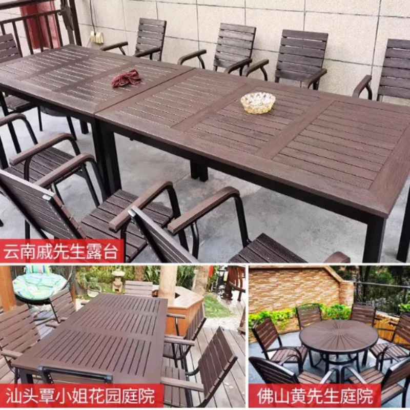 طاولة وكرسي من الخشب البلاستيكي الخارجي، مجموعة من الخشب المقاوم للماء والحماية من الشمس في الهواء الطلق