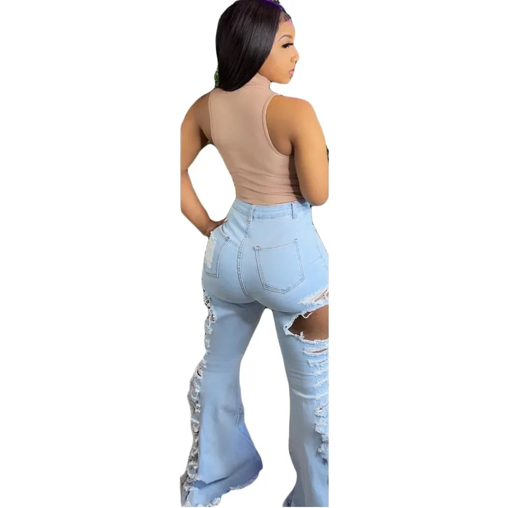 Women Jeans African Mid Waist Ripped Elastic Sheath Full Length Denim Flare Pants Female Fashion Casual Trousers Autumn 2024