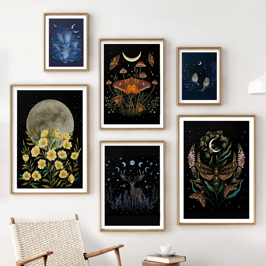 Dark Boho Mystical Wall Art Mural Witchy Moon Phase Moth Canvas Prints Forest Deer Mushroom Floral Posters Botanical Home Decor