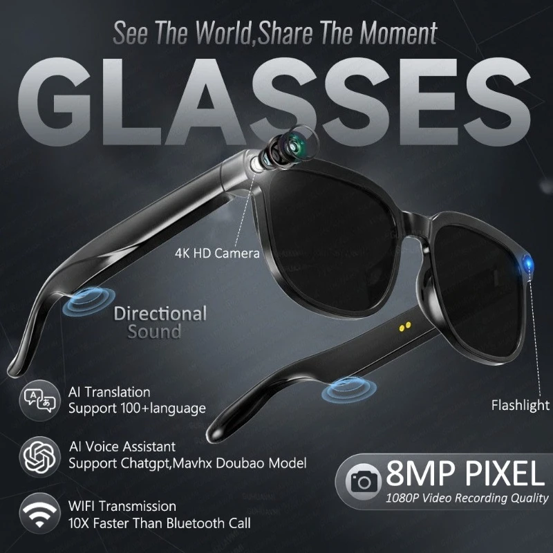 

2026 New AI Smart Glasses 800W Pixel UHD Camera Video Recording Sunglasses Photo Recognition Translation Bluetooth Call glasses