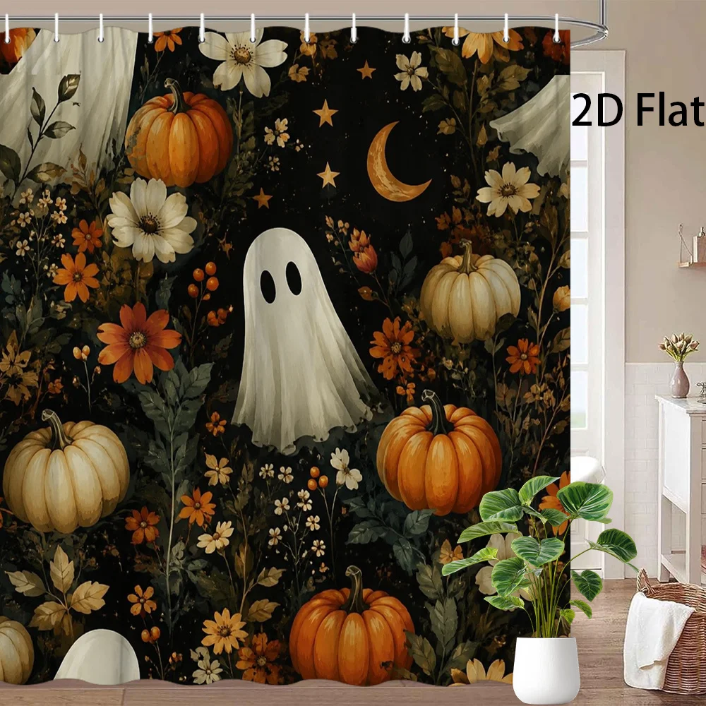 Vintage Floral Ghost Shower Curtain, Halloween Pumpkin Moon Decor, Dark Cottagecore Waterproof Polyester Bath Screen, Home