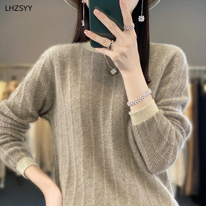 LHZSYY 100% Pure Wool Sweater Women\'s O-Neck Jumper Autumn Winter New Long Sleeve Large Size Tops Color Knit Cashmere Base Shirt