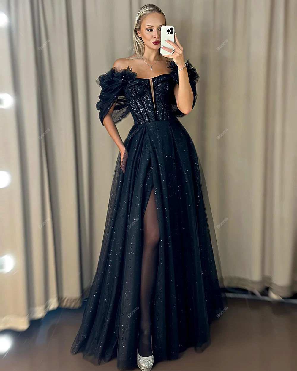 Booma Shiny A-Line Black Prom Dresses Off Shoulder Flowers Special Occasion Dress for Events High Side Slit Long Evening Dress