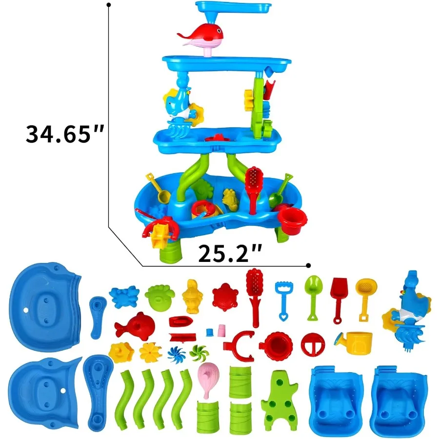 Mesa de agua de 4 niveles para niños de 4 a 8 años, duchas de lluvia, mesa de arena y agua para exteriores, mesas sensoriales para niños pequeños, verano