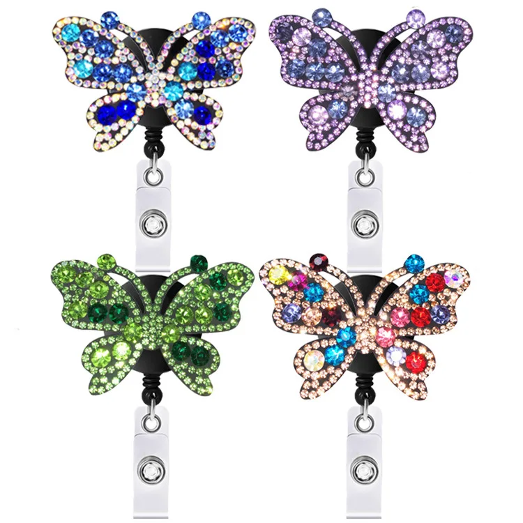 Shiny Rhinestone Butterfly Retractable Badge Reel Crystal Bling ID Name Tag Scroll Clip For Nurse Teacher Office