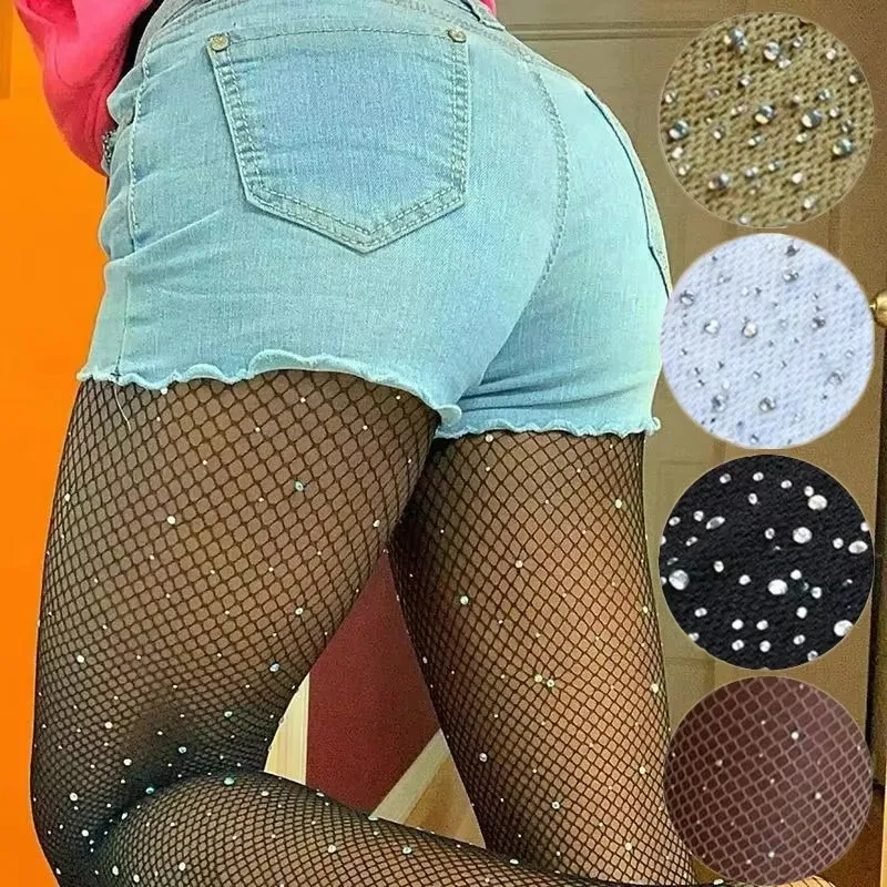 Medias sexis con diamantes para mujer, medias de malla ostentosas con diamantes de imitación, pantimedias de cintura alta con red de pescado brillante, medias negras para fiesta y Club