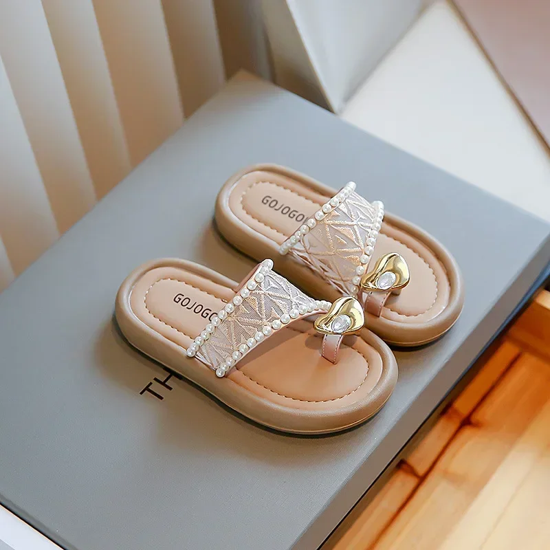 Summer Children Fashion Girls Slippers Sweet Pearl Elegant Princess Shoes Versatile Soft Kids Home Flip-flops Open-toe Slippers