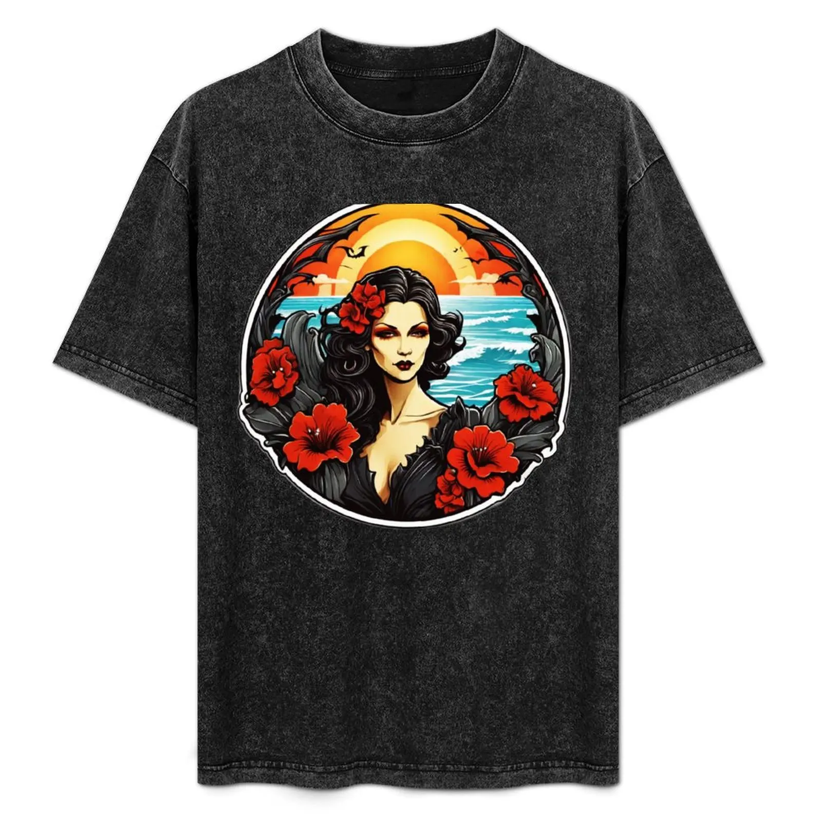 

Gothic Vampire Lady with Red Lips and Orchids on a Beach at Sunset T-Shirt vintage graphic tee cheap stuff luxury clothes men