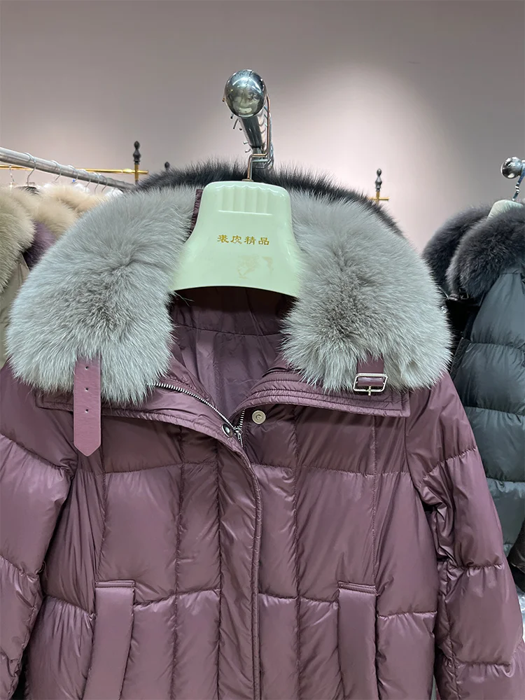 2025年女性用冬用暖かいパファージャケット、本物のフォックスファー襟付き、天然グースダウンジャケット、厚手コート、女性用アウターウェア