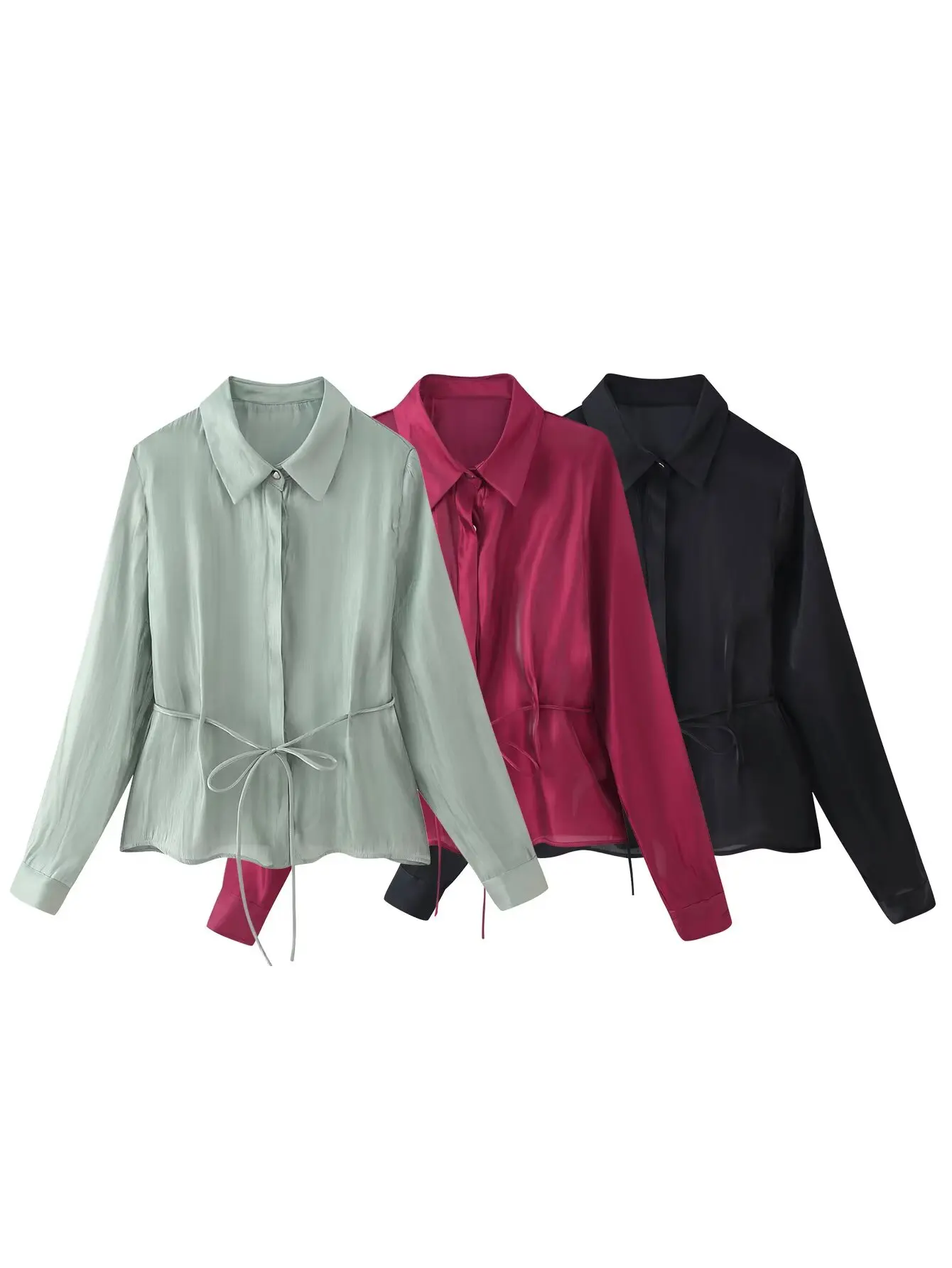 

Women's Bow Tie Belt Soft Glossy Solid Color Blouse Long Sleeve Shirt Loose Tops