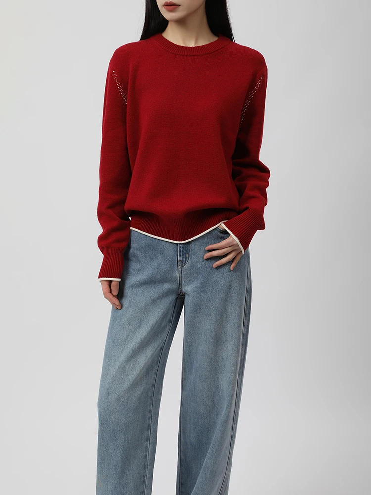 

Thi Wool Camere Knitted Sweater Cisas Color Blo round Ne Sweater MASJM Korean Sle Long Sve Regular Length