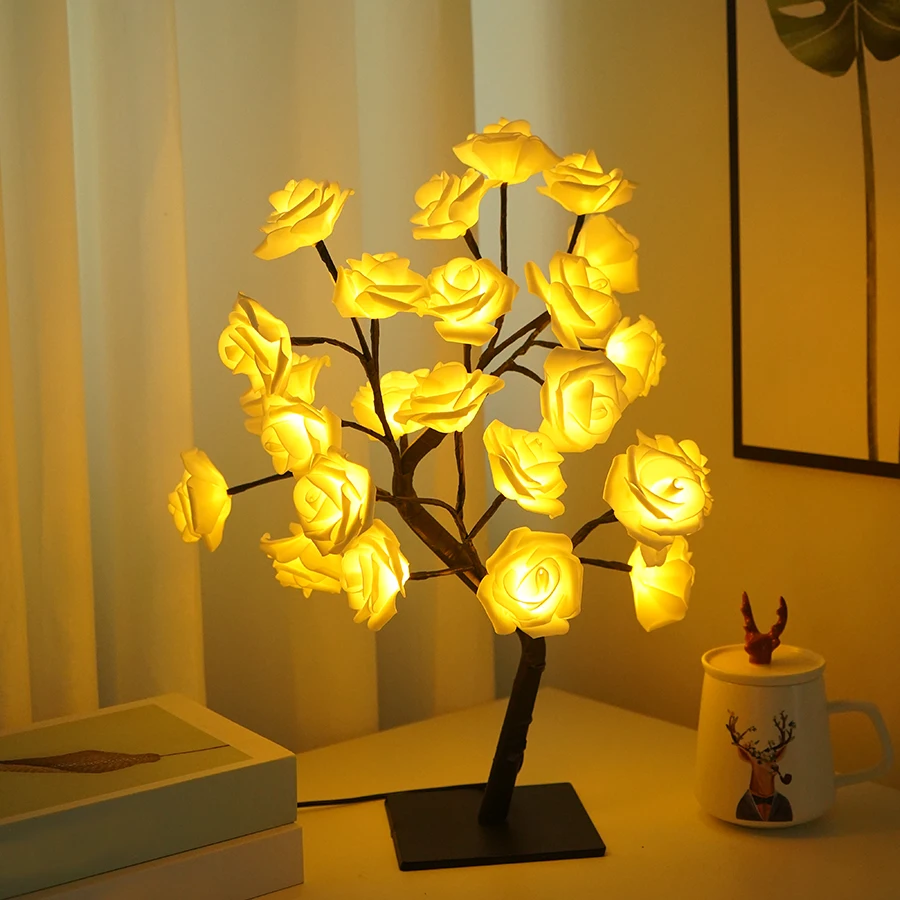 LED simulation rose tree light, detachable plastic base, USB switch, decorative night light