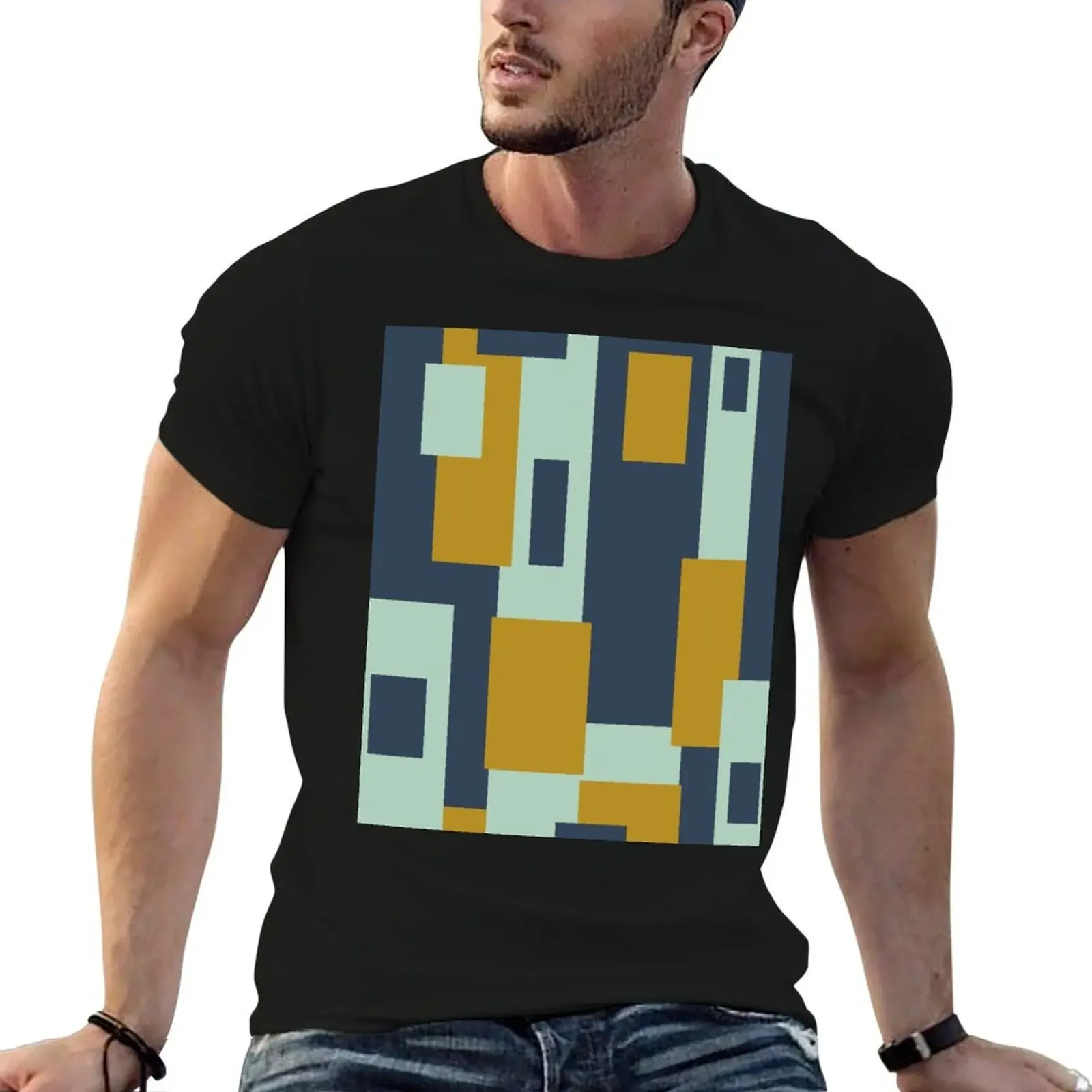 Cosmopolitan Mid Century Modern Abstract Geometric Color Block Pattern in Blue, Mustard Gold, and Aqua Mint T-Shirt