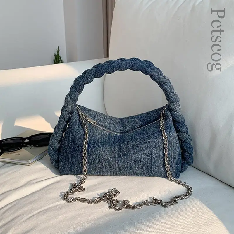 Denim Fabric Women\'s Soft Handbags Chain Strap Solid Shoulder Crossbody Bag Fashion Luxury Female Small Tote Bags Clutch Purse