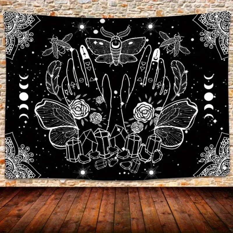 1 tapiz de brujería para colgar en la pared, diseño de Mandala místico con luna, manos mágicas, motivos de polilla y cristal, blanco y negro