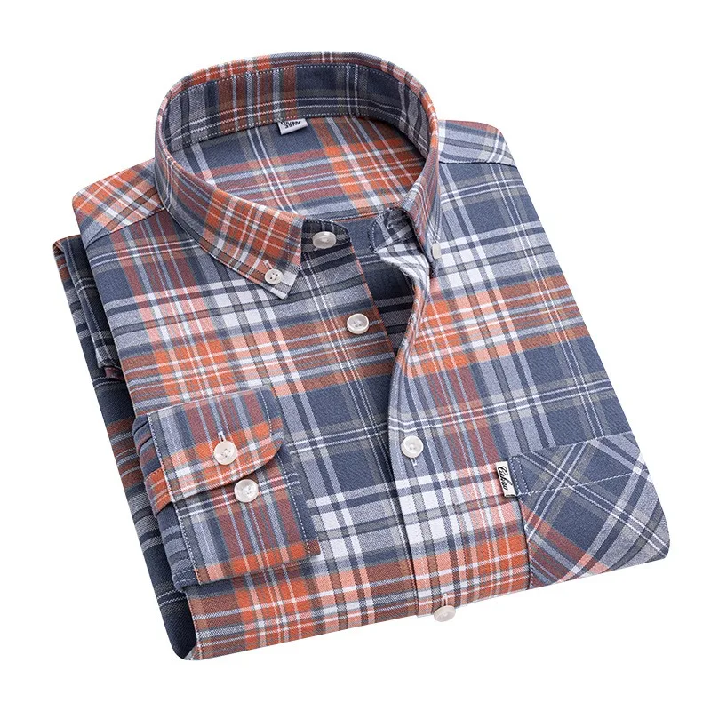 Men's 100% Cotton Shirts Plaid Oxford Long Sleeve Tees & Tops Easy Care Layering Shirt Casual Business New Spring Autumn Clothes