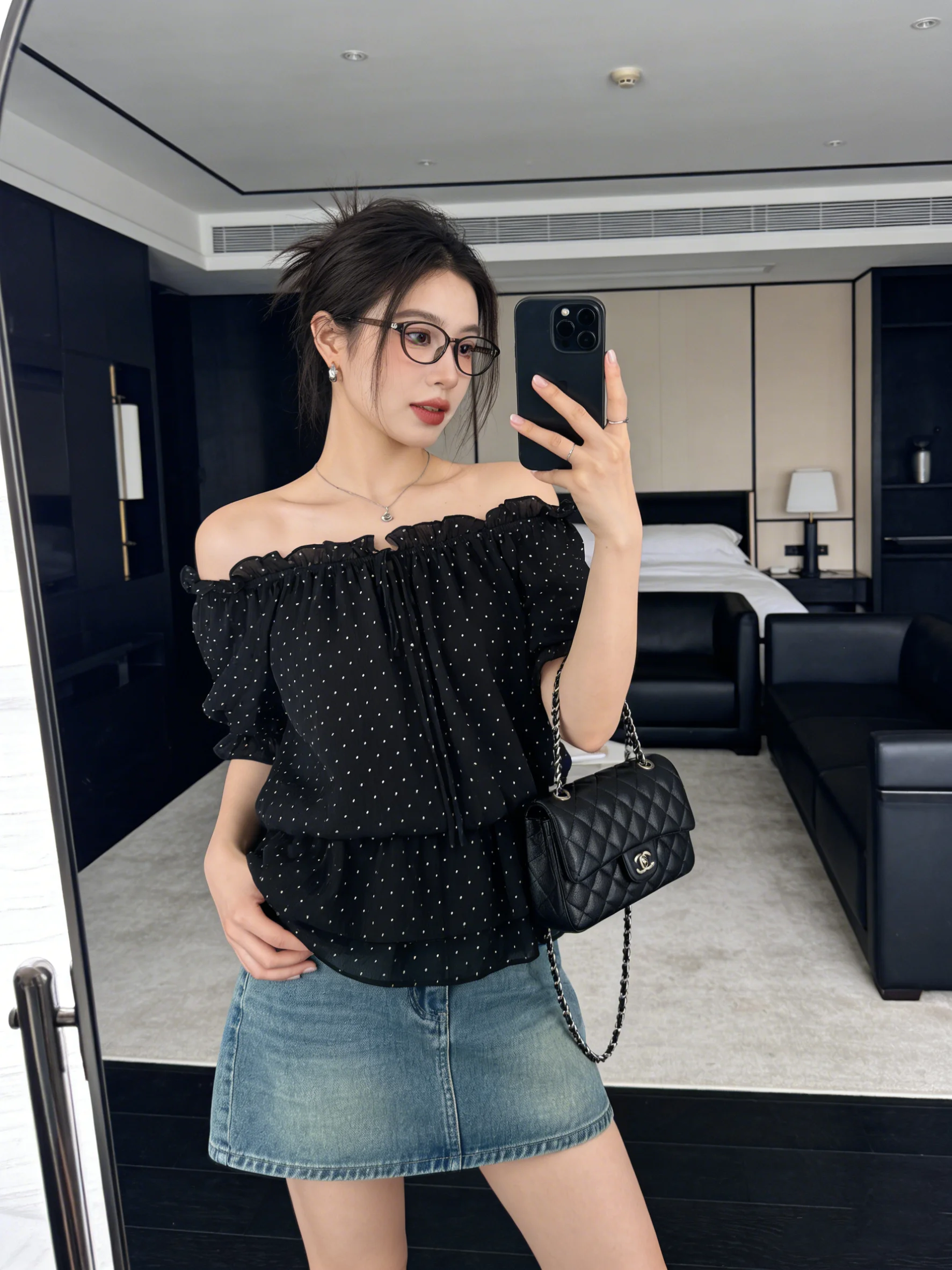 

Sweet Polka Dot Bubble Sleeve Shirt Korean Style Waist Cinched One Shoulder Casual Versatile Summer Top for Young Women