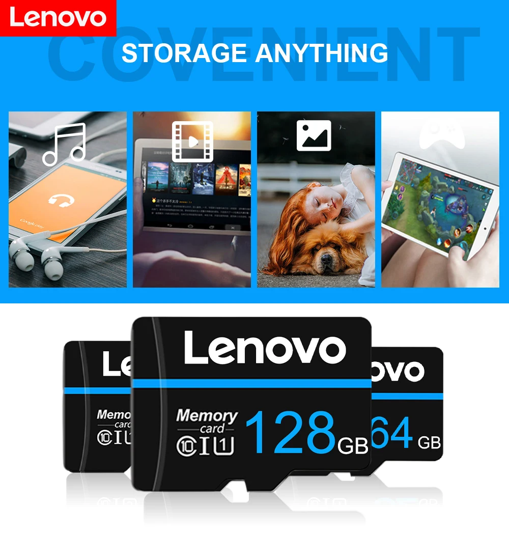 Lenovo-Cartão Micro SD com Adaptador Livre, Cartão de Memória para Telefone, Câmera, Alta Velocidade, 2TB, 1TB, 512GB, 256GB, 64GB, 128GB, TF