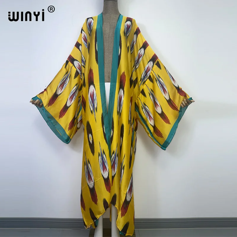 2022 WINYI new silk feeling sexy Unique printing Beach Wear Swim Suit Cover coat Elegant Women Boho Long Sleeve Kimono dress