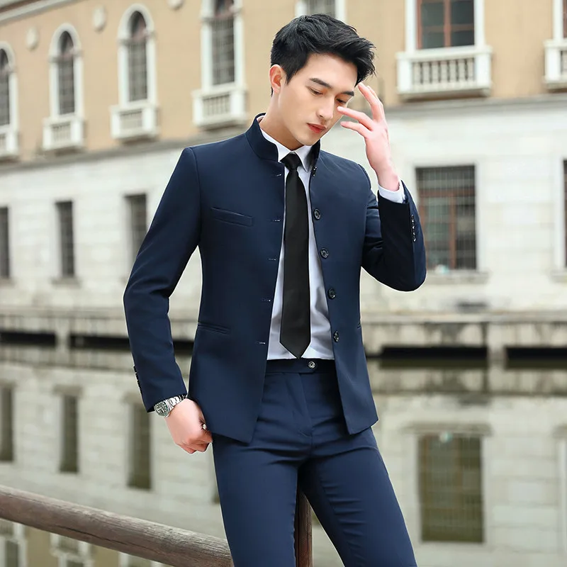 V3005 Men's suit two-piece suit Korean style stand-up collar small suit professional best man groom wedding Zhongshan suit dress