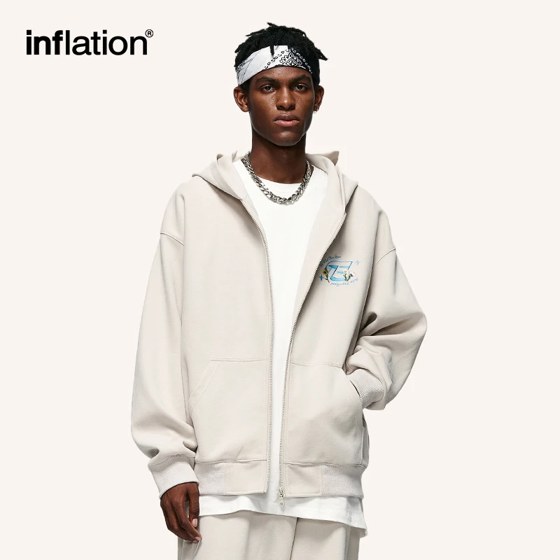 INFLATION Unisex Brushed Zip Up Hoodies Trendy High Street Embroidered Oversized Hooded Jacket