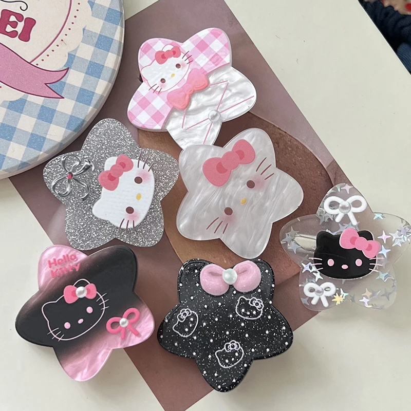 Pentagrama Kawaii KT Cat Clip de cabelo para mulheres, bonito hairpin dos desenhos animados, lindas bangs, grampos de cabelo para meninas, acessórios para cabelos doces