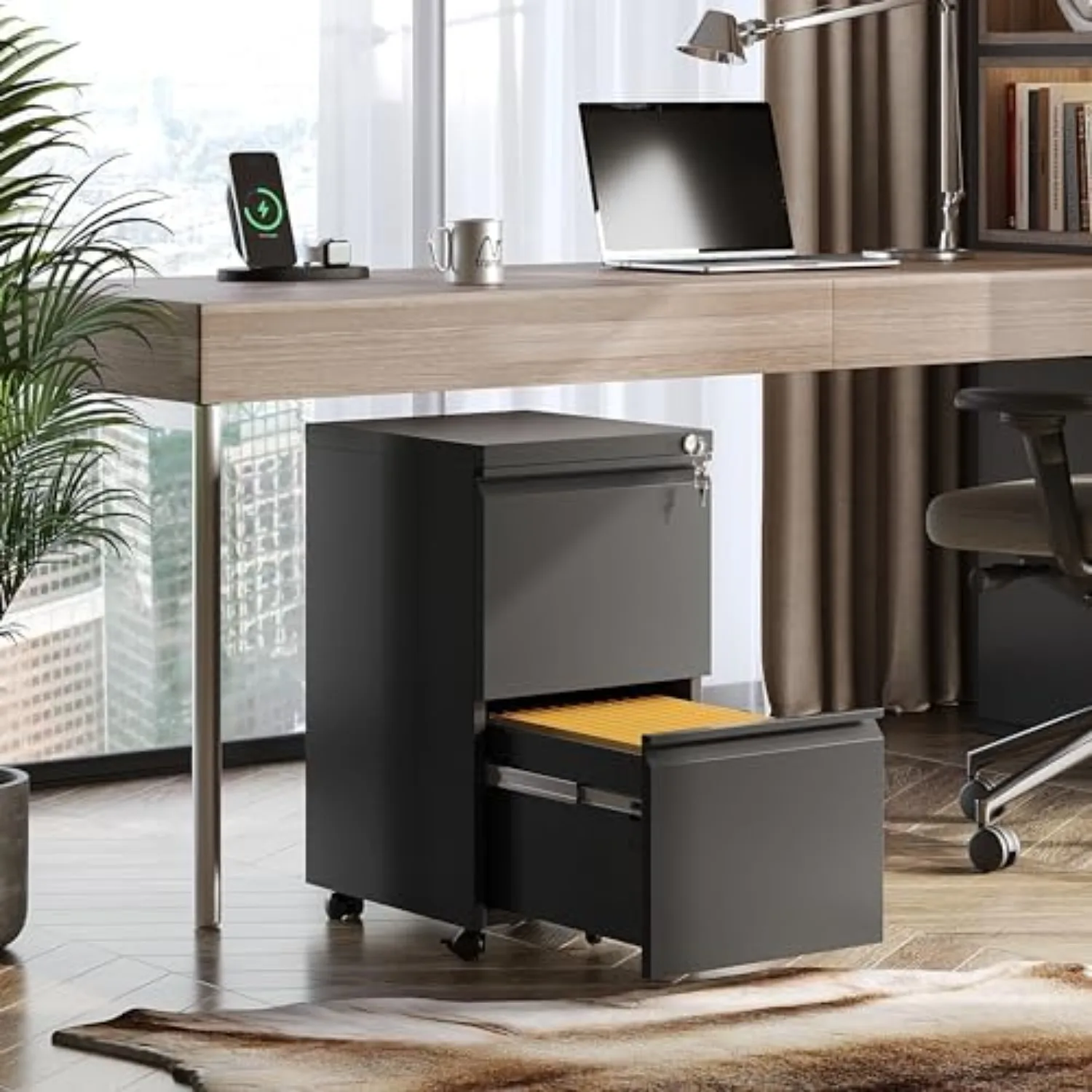 2 Drawer Metal File Cabinet, Fully Assembled Filing Cabinet | Under Desk Mobile File Cabinet with Lock for Home Office