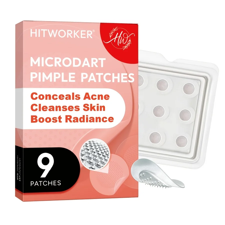 9 Hitworker microneedle acne patches. 24-hour protection, invisible coverage, non irritating tea tree oil essence, suitable for